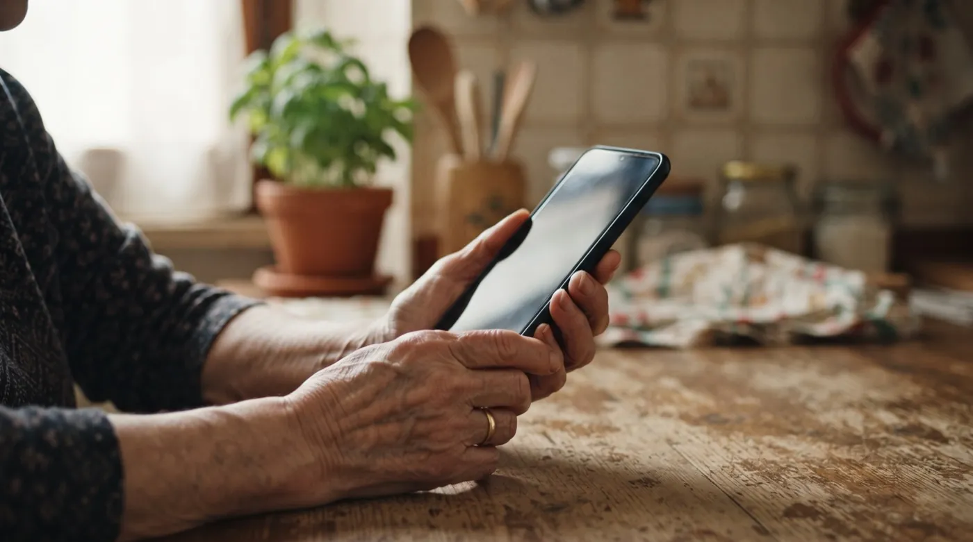 Mano anziana che tiene uno smartphone con lo schermo illeggibile, in un ambiente domestico.