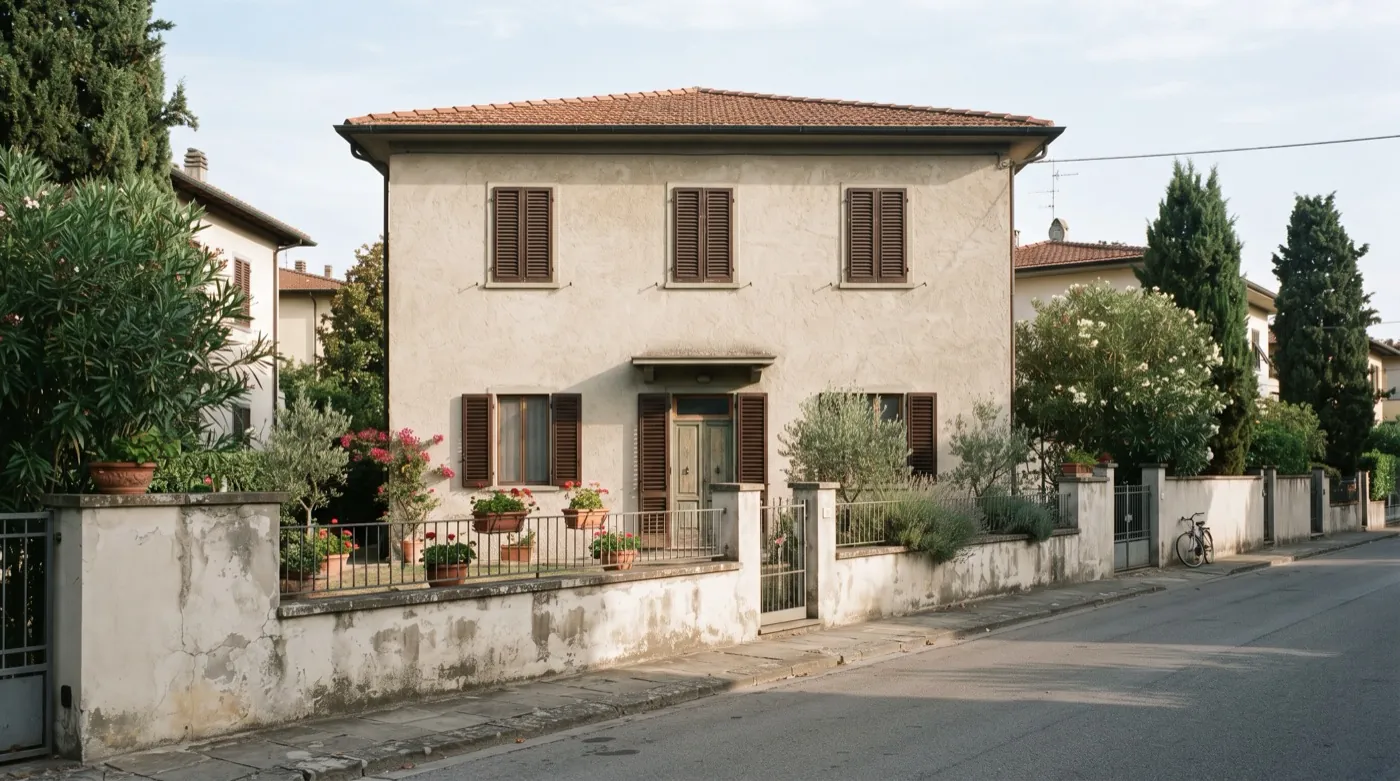 Facciata di una casa indipendente in un quartiere residenziale italiano, luce del mattino.